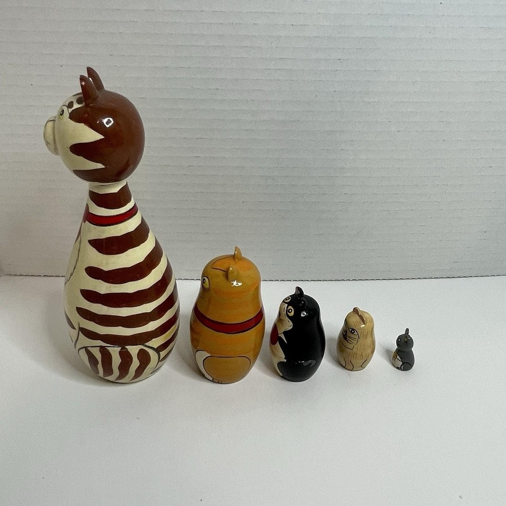 Cat Nesting Dolls Style Animal 5 Doll Set Wood Cat Kitten Kitty Yellow 7" Mouse - Picture 5 of 9